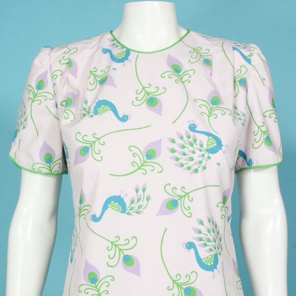 Vtg 60s THE VESTED GENTRESS Blue Green Peacock Print on Lavender Dress Sz 6 /703 - Picture 4 of 7